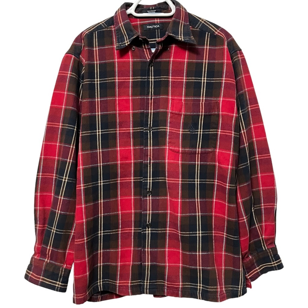 VTG NAUTICA FLANNEL PLAID SHIRT BUTTON DOWN COLLARED LOGO LONG SLEEVE EMBROIDERY